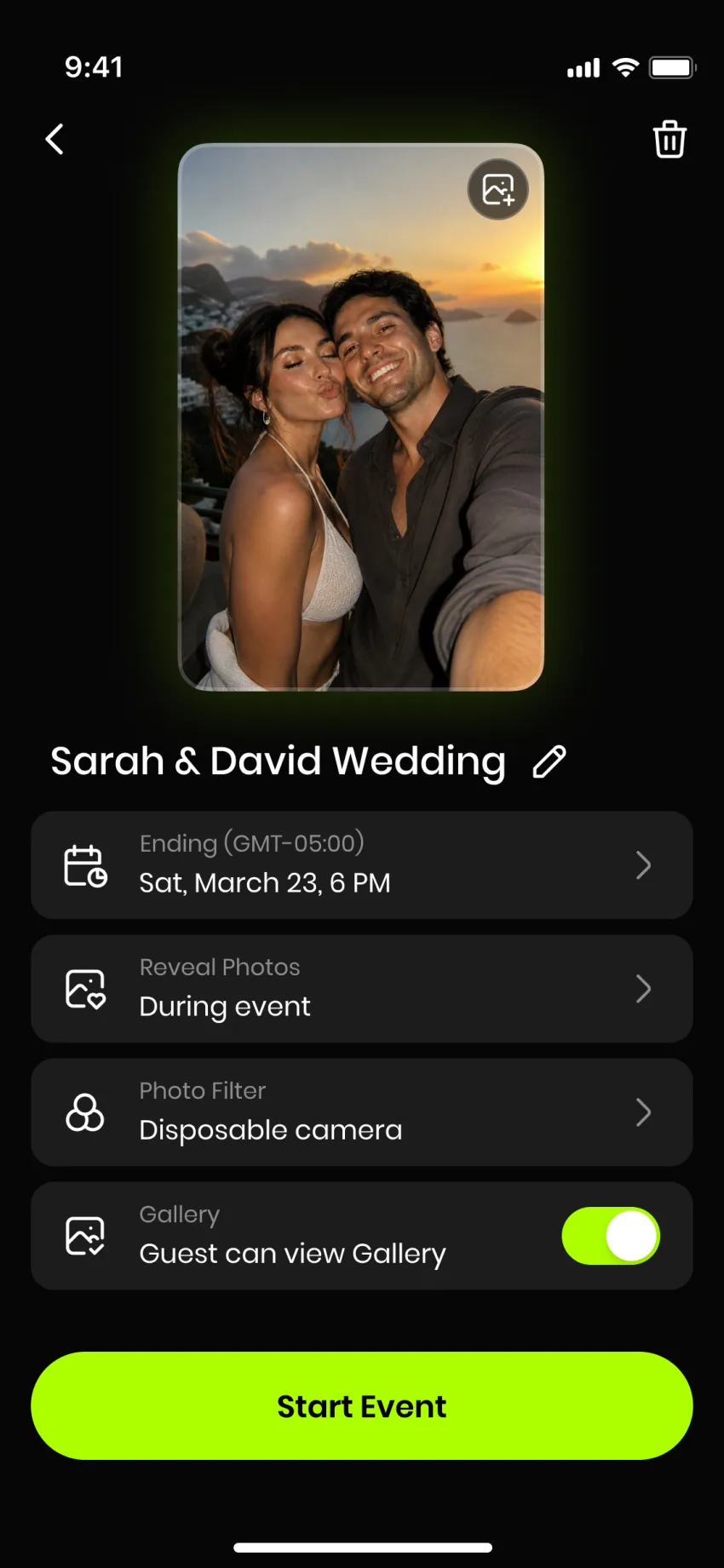 PartyCam event setup screen showing cover photo, date, and start event button