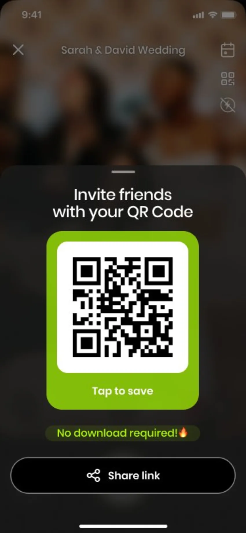 PartyCam QR code share sheet inviting friends to join the event