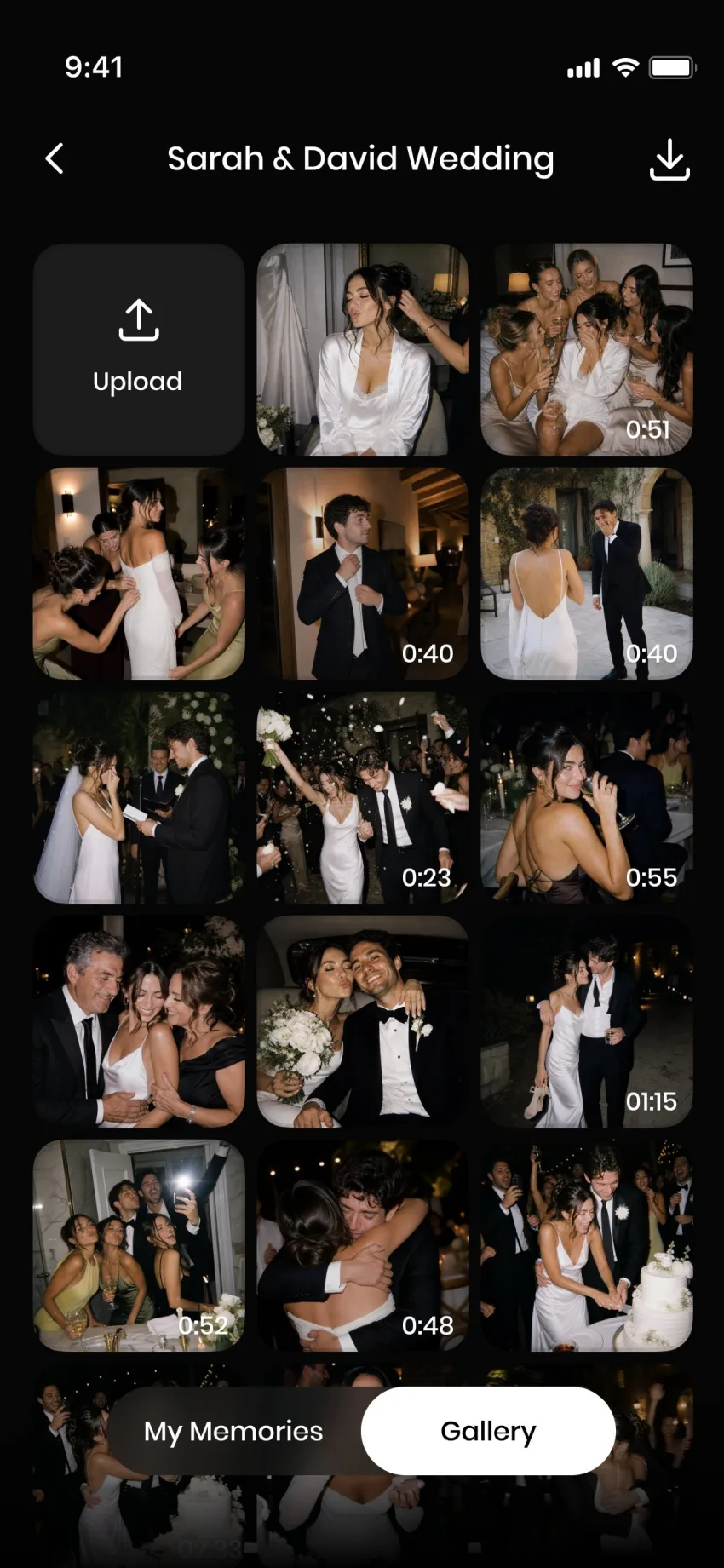 PartyCam shared album grid filled with event photos and videos