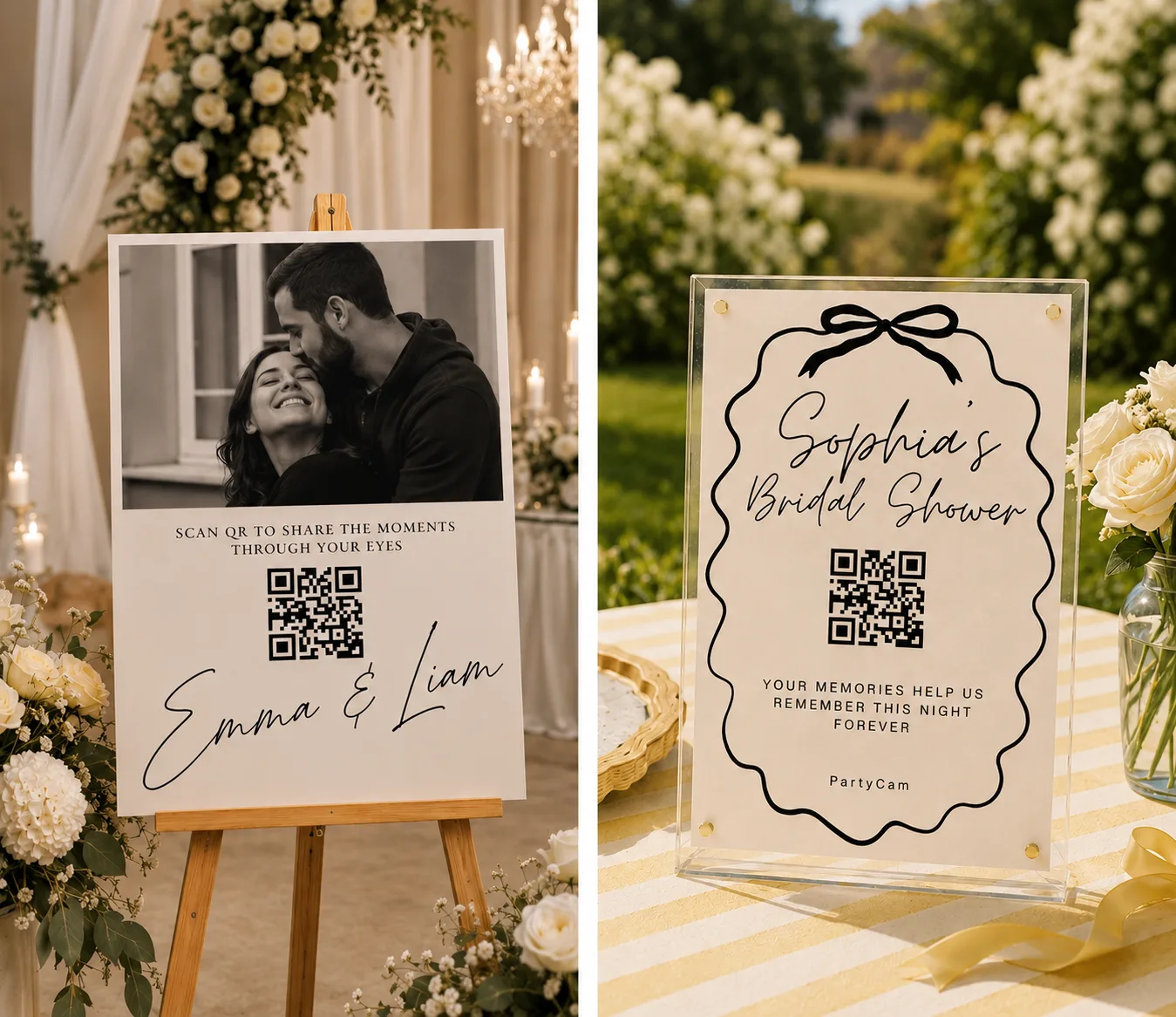 Wedding QR code photo sign on easel and acrylic tabletop stand